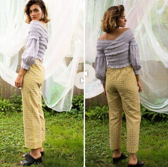Find Me Now Pants - Anthropologie Yellow Violet Gingham Straight-Leg Pants - Women